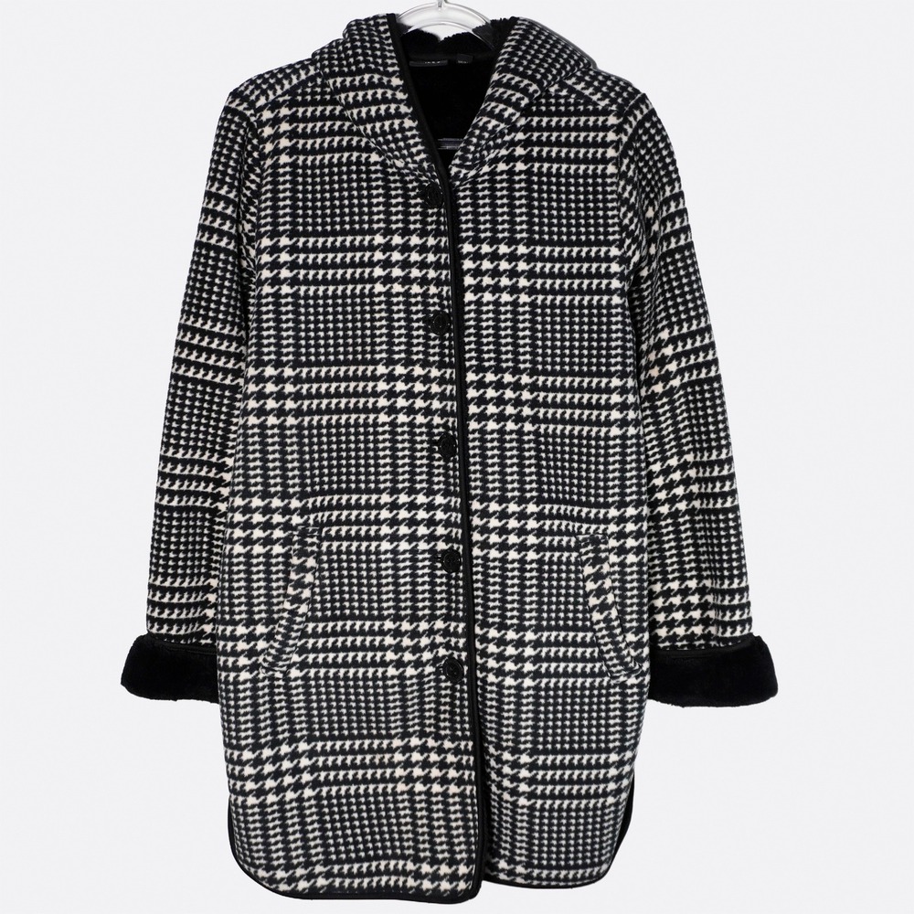Ike Behar Houndstooth Faux Fur Coat Black Cream 0X L Hooded Winter Chic - Picture 2 of 8